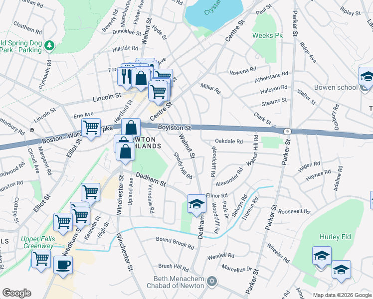 map of restaurants, bars, coffee shops, grocery stores, and more near 1289 Walnut Street in Newton