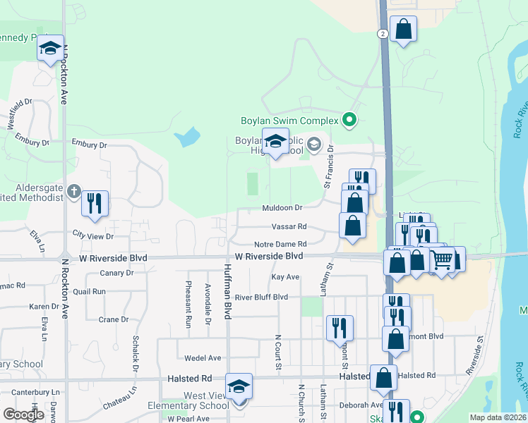 map of restaurants, bars, coffee shops, grocery stores, and more near 1608 Muldoon Drive in Rockford