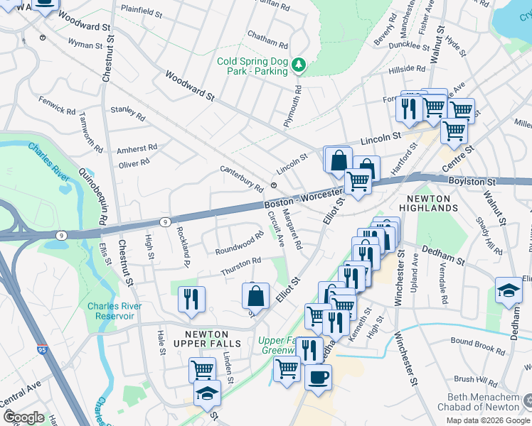 map of restaurants, bars, coffee shops, grocery stores, and more near 11 Circuit Avenue in Newton