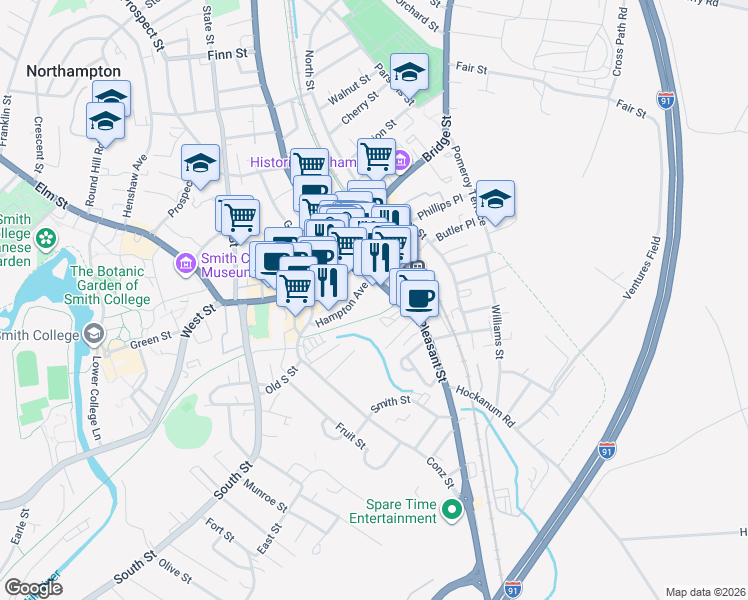 map of restaurants, bars, coffee shops, grocery stores, and more near 20 Hampton Avenue in Northampton
