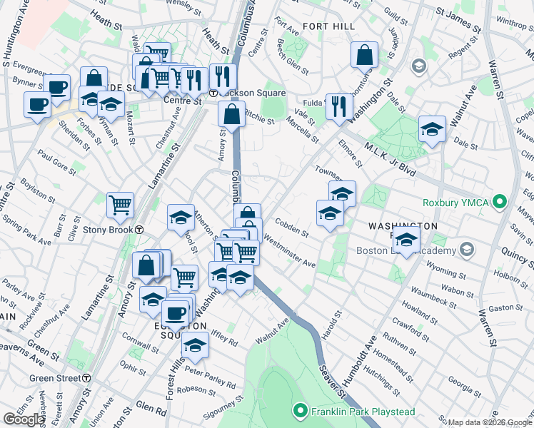 map of restaurants, bars, coffee shops, grocery stores, and more near 2989 Washington Street in Boston
