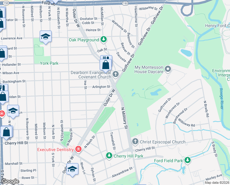 map of restaurants, bars, coffee shops, grocery stores, and more near 875 North Military Street in Dearborn