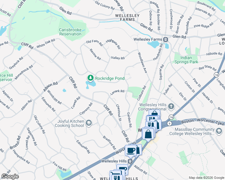 map of restaurants, bars, coffee shops, grocery stores, and more near 63 Hundreds Circle in Wellesley