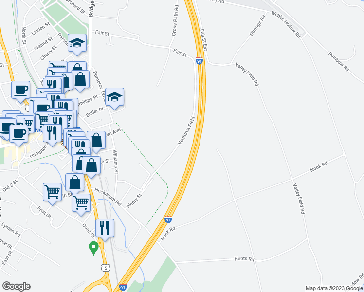 map of restaurants, bars, coffee shops, grocery stores, and more near 133 Ventures Field in Northampton