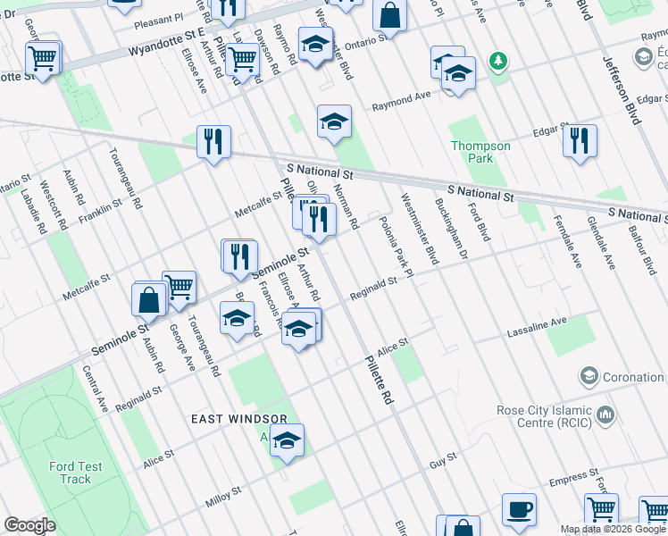 map of restaurants, bars, coffee shops, grocery stores, and more near 1543 Olive Road in Windsor