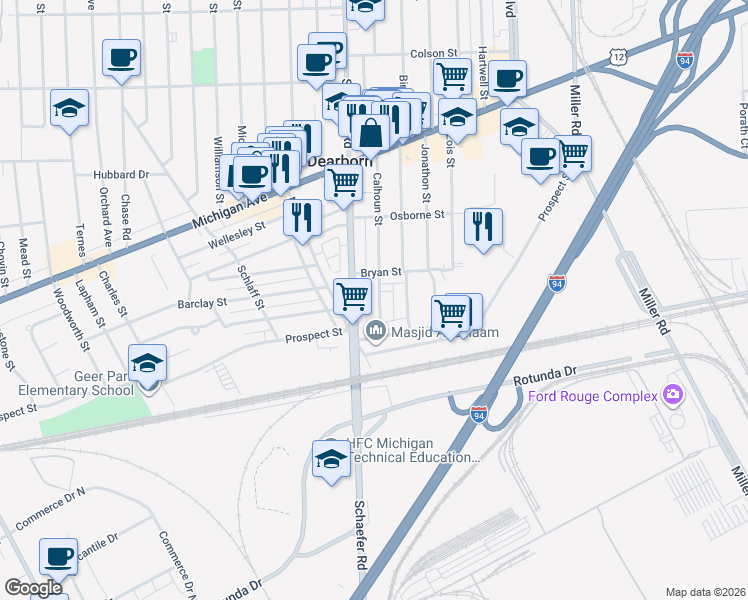 map of restaurants, bars, coffee shops, grocery stores, and more near 4101 Calhoun Street in Dearborn