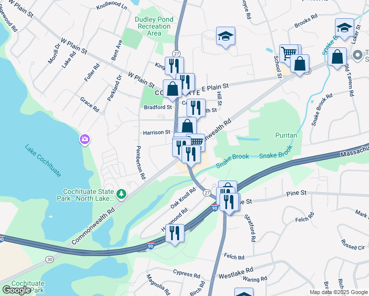 map of restaurants, bars, coffee shops, grocery stores, and more near 57 Main Street in Wayland