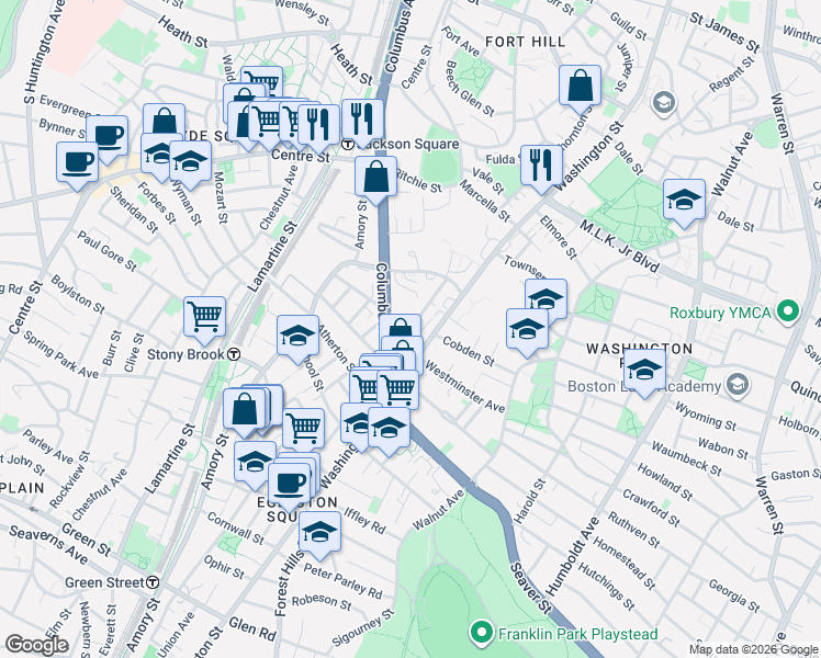 map of restaurants, bars, coffee shops, grocery stores, and more near 2984 Washington Street in Boston
