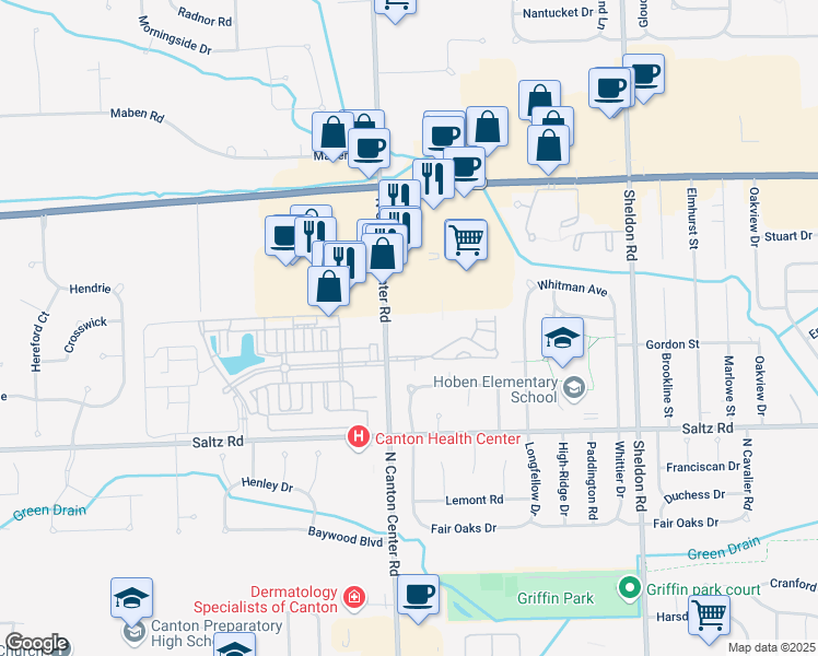 map of restaurants, bars, coffee shops, grocery stores, and more near 2200 North Canton Center Road in Canton
