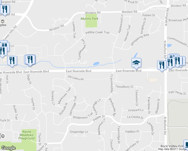 map of restaurants, bars, coffee shops, grocery stores, and more near 54 East Riverside Boulevard in Loves Park