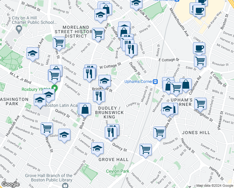 map of restaurants, bars, coffee shops, grocery stores, and more near 3 Hartford Street in Boston