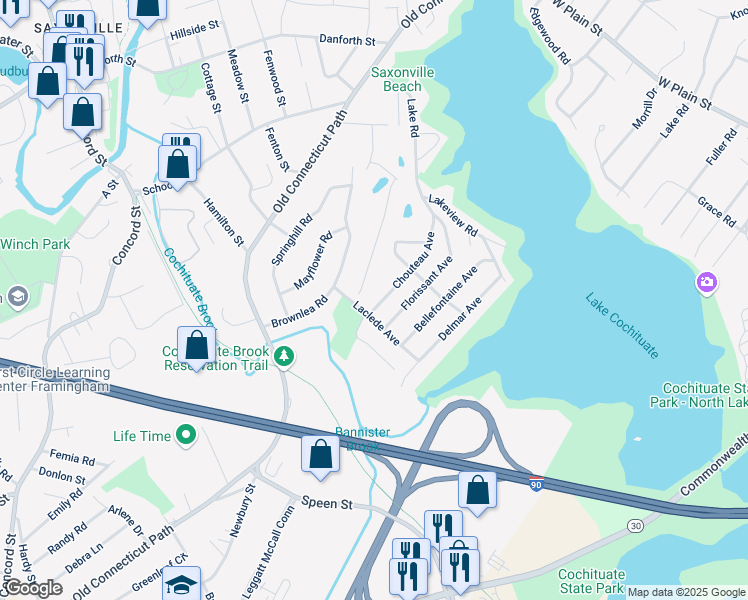 map of restaurants, bars, coffee shops, grocery stores, and more near 69 Chouteau Avenue in Framingham