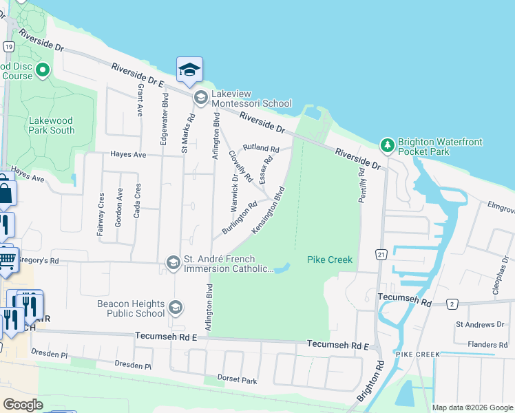 map of restaurants, bars, coffee shops, grocery stores, and more near 205 Kensington Boulevard in Windsor