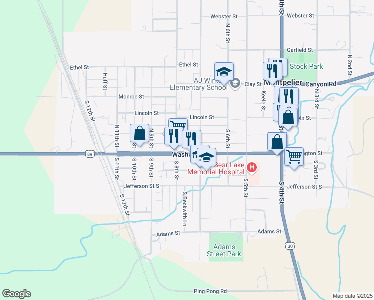 map of restaurants, bars, coffee shops, grocery stores, and more near 736 Washington Street in Montpelier