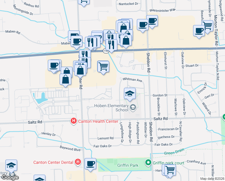 map of restaurants, bars, coffee shops, grocery stores, and more near 1681 Longfellow Drive in Canton