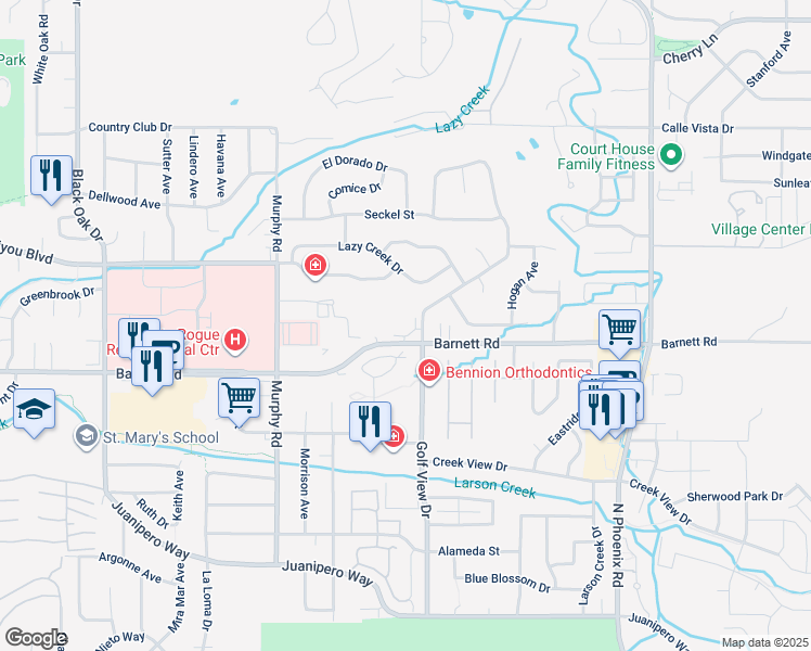 map of restaurants, bars, coffee shops, grocery stores, and more near 3033 East Barnett Road in Medford