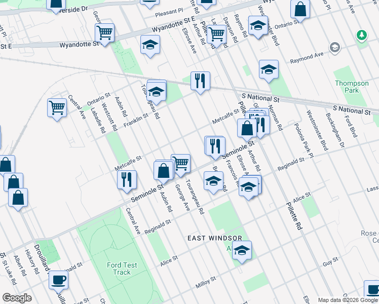 map of restaurants, bars, coffee shops, grocery stores, and more near 1447 Rossini Boulevard in Windsor