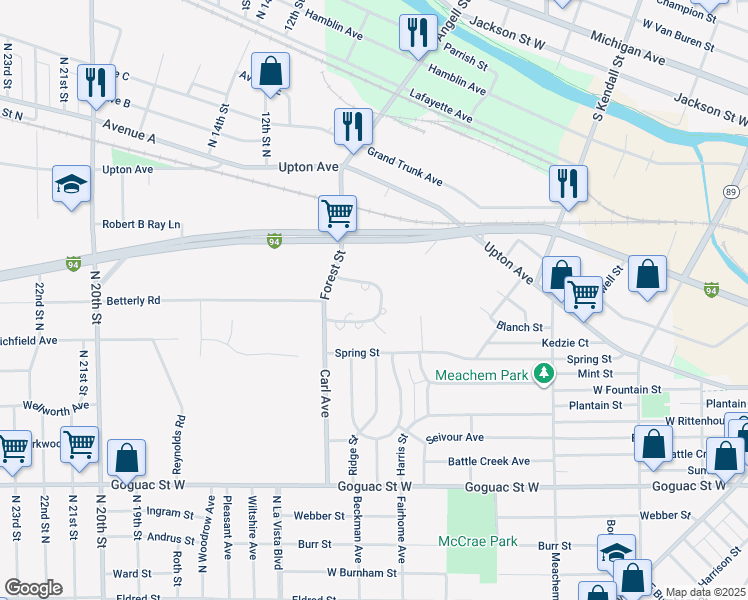 map of restaurants, bars, coffee shops, grocery stores, and more near 227 Freedom Lane in Battle Creek