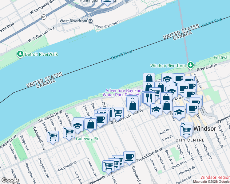 map of restaurants, bars, coffee shops, grocery stores, and more near 1100 Riverside Drive West in Windsor