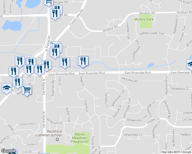 map of restaurants, bars, coffee shops, grocery stores, and more near 2015 East Riverside Boulevard in Rockford