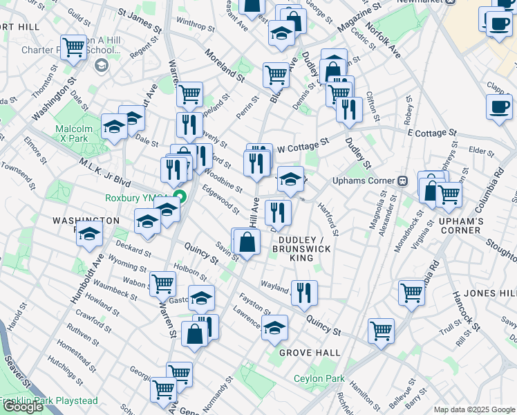 map of restaurants, bars, coffee shops, grocery stores, and more near 200 Blue Hill Avenue in Boston