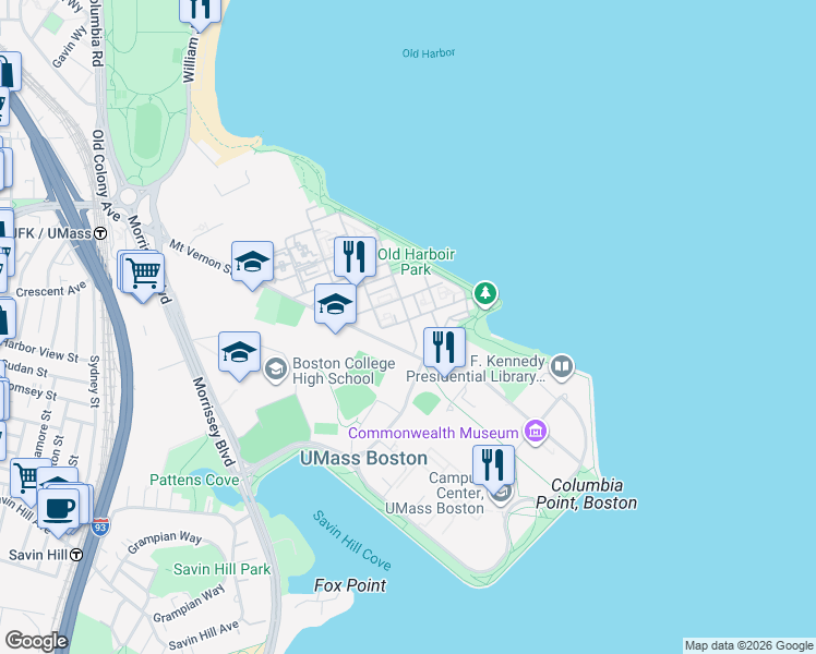 map of restaurants, bars, coffee shops, grocery stores, and more near 20 South Point Drive in Boston