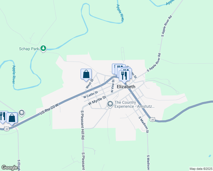 map of restaurants, bars, coffee shops, grocery stores, and more near 120 West Madison Street in Elizabeth