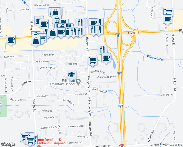 map of restaurants, bars, coffee shops, grocery stores, and more near 41040 Heathmore Court in Canton