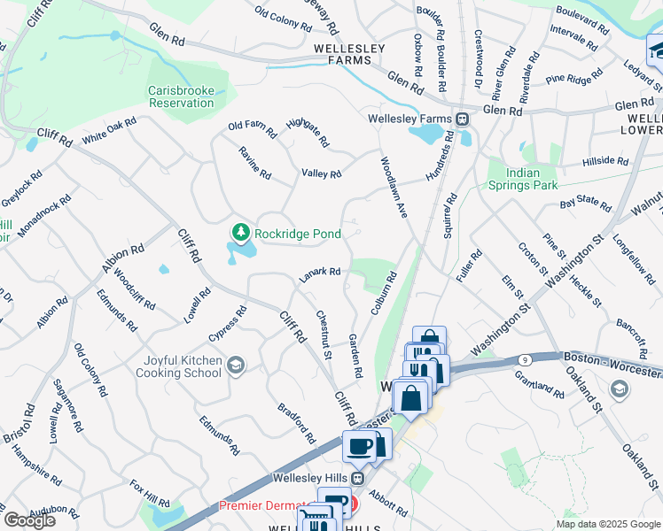 map of restaurants, bars, coffee shops, grocery stores, and more near 18 Lanark Road in Wellesley