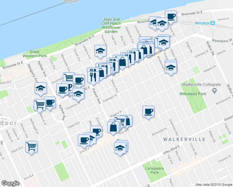 map of restaurants, bars, coffee shops, grocery stores, and more near 1086 Cataraqui Street in Windsor
