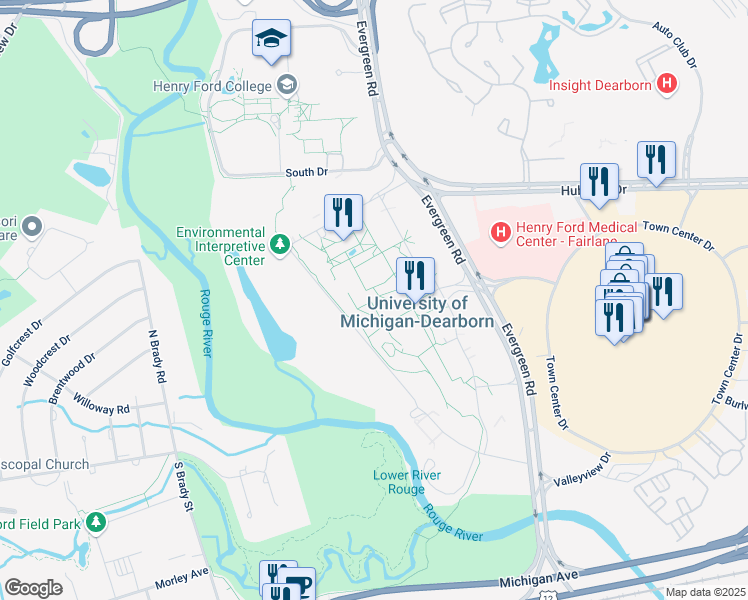 map of restaurants, bars, coffee shops, grocery stores, and more near 4901 Evergreen Road in Dearborn
