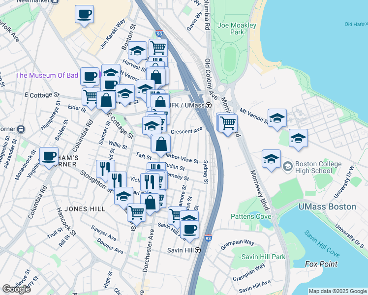 map of restaurants, bars, coffee shops, grocery stores, and more near 29 Raven Street in Boston