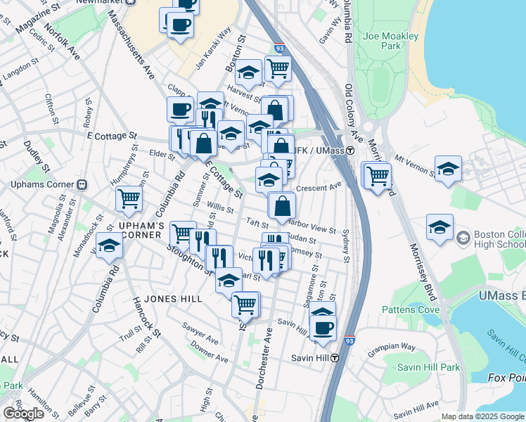 map of restaurants, bars, coffee shops, grocery stores, and more near 15 Howes Street in Boston