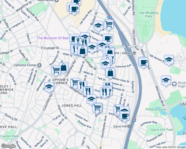 map of restaurants, bars, coffee shops, grocery stores, and more near 9 Willis Street in Boston