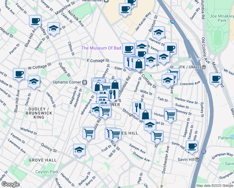 map of restaurants, bars, coffee shops, grocery stores, and more near 622 Columbia Road in Boston
