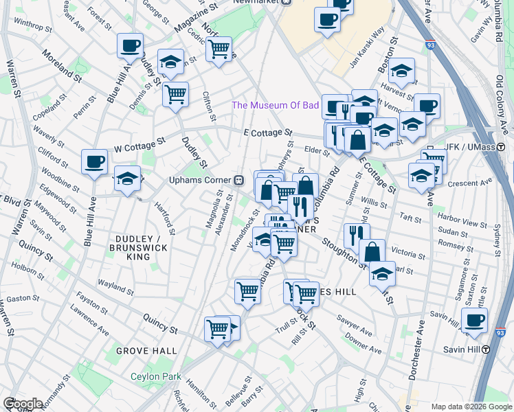 map of restaurants, bars, coffee shops, grocery stores, and more near 736 Dudley Street in Boston
