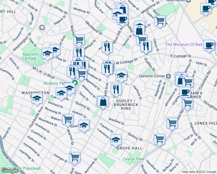 map of restaurants, bars, coffee shops, grocery stores, and more near 192 Blue Hill Avenue in Boston
