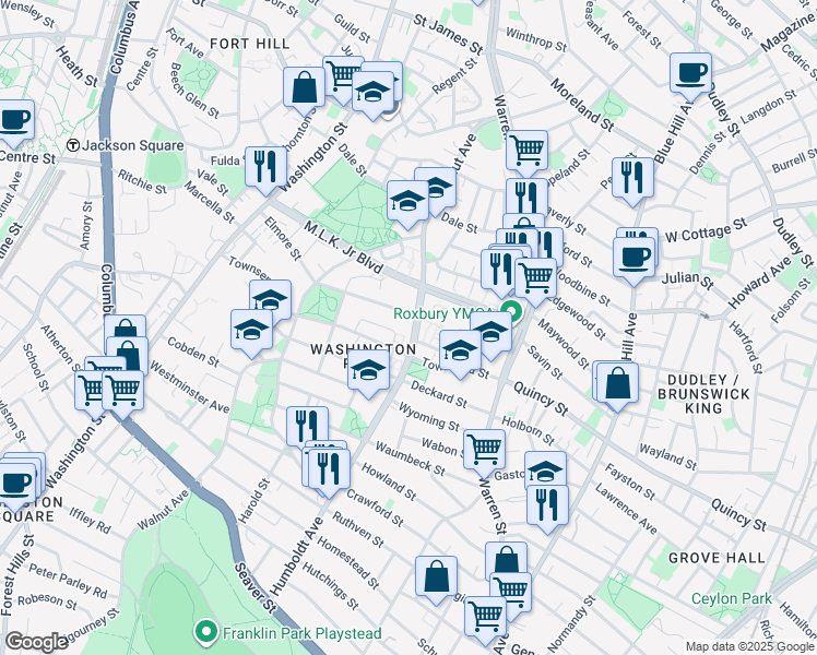 map of restaurants, bars, coffee shops, grocery stores, and more near 71 Humboldt Avenue in Boston