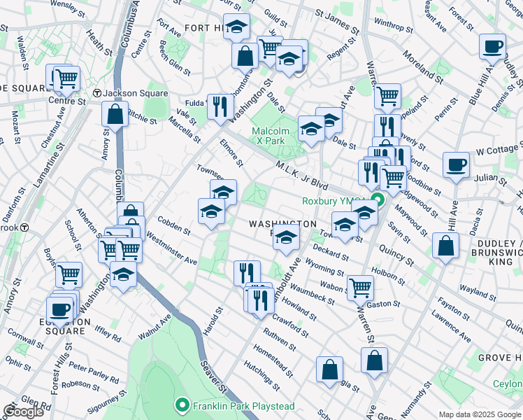 map of restaurants, bars, coffee shops, grocery stores, and more near 88 Harold Street in Boston