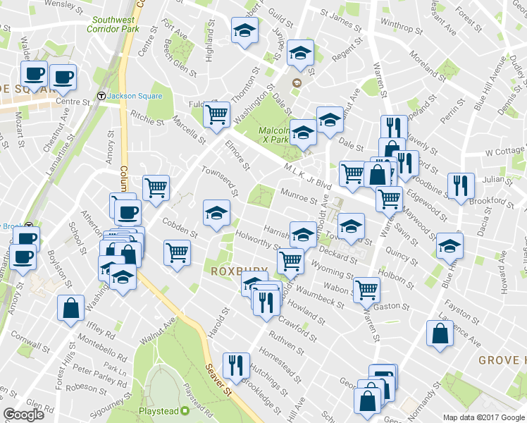 map of restaurants, bars, coffee shops, grocery stores, and more near 88 Harold Street in Boston