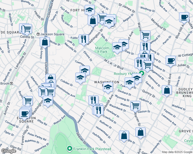 map of restaurants, bars, coffee shops, grocery stores, and more near 88 Harold Street in Boston