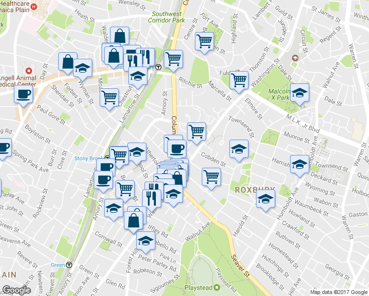 map of restaurants, bars, coffee shops, grocery stores, and more near 2984 Washington Street in Boston