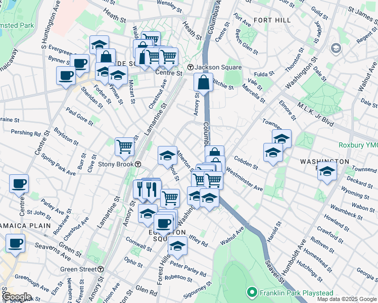 map of restaurants, bars, coffee shops, grocery stores, and more near 72 West Walnut Park in Boston