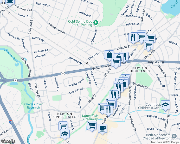 map of restaurants, bars, coffee shops, grocery stores, and more near 14 Margaret Road in Newton