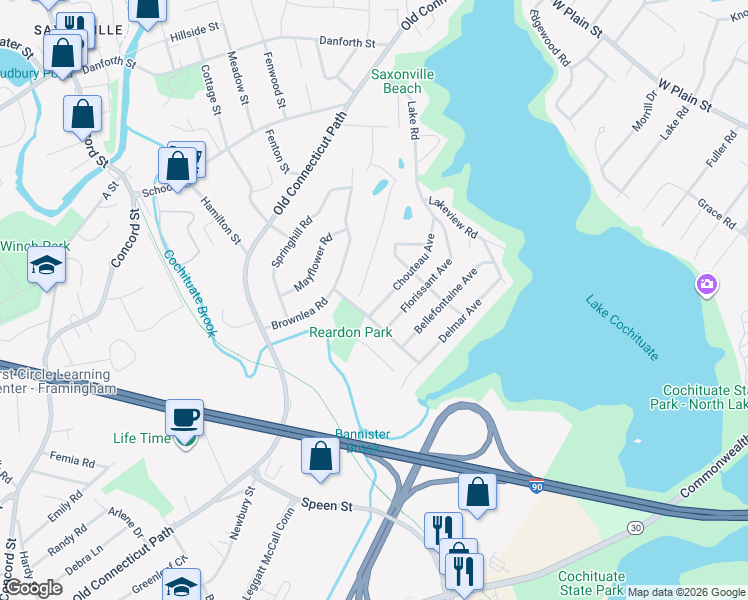 map of restaurants, bars, coffee shops, grocery stores, and more near 69 Chouteau Avenue in Framingham