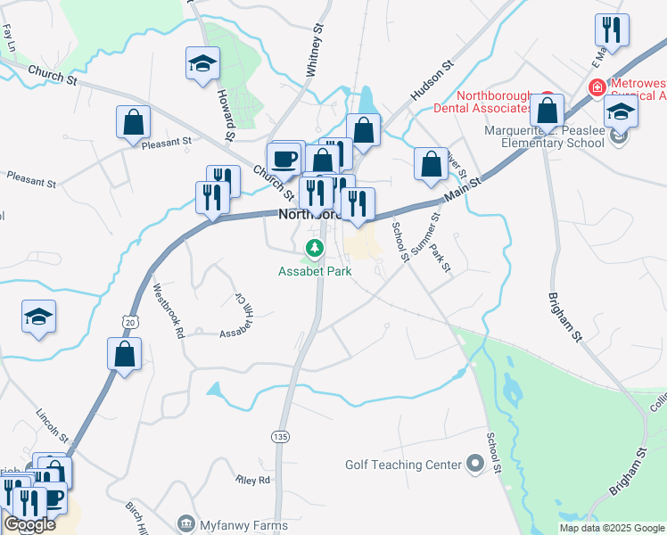 map of restaurants, bars, coffee shops, grocery stores, and more near 37 South Street in Northborough