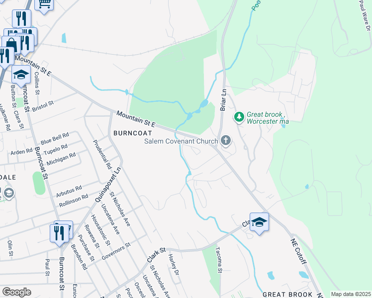 map of restaurants, bars, coffee shops, grocery stores, and more near 200A Mountain Street East in Worcester