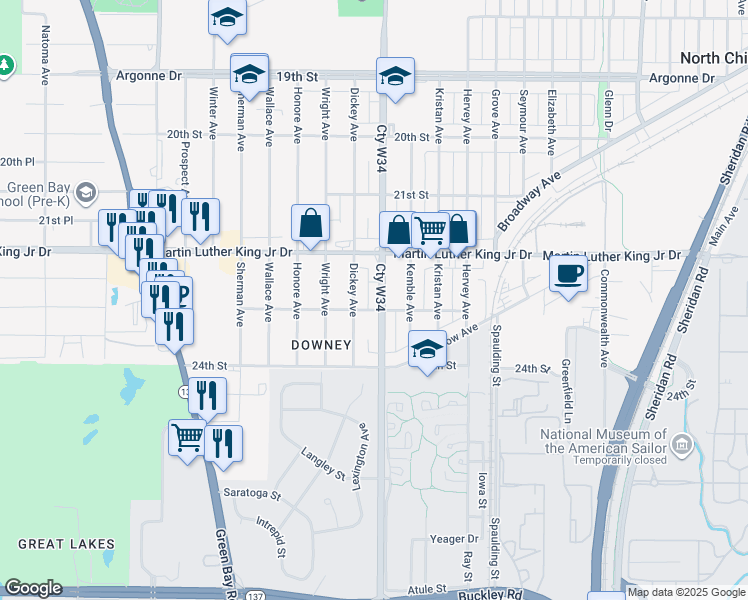 map of restaurants, bars, coffee shops, grocery stores, and more near 2236 Lewis Avenue in North Chicago