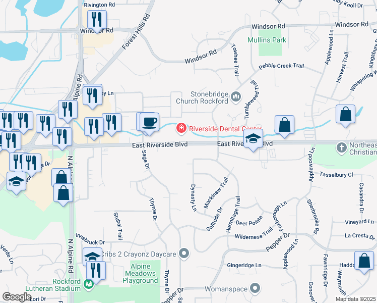 map of restaurants, bars, coffee shops, grocery stores, and more near 5024 Hermitage Trail in Rockford