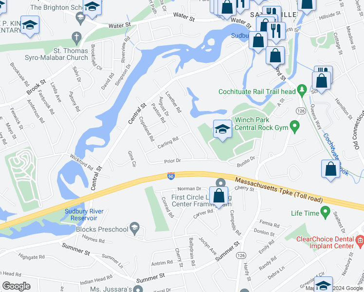 map of restaurants, bars, coffee shops, grocery stores, and more near 7 Maureen Road in Framingham